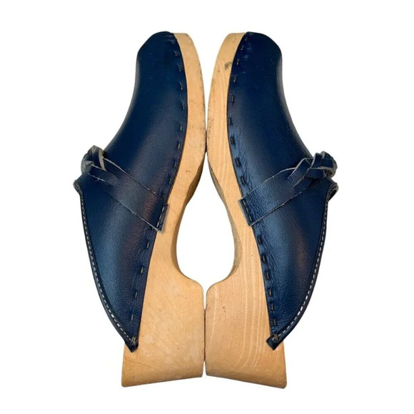 J. Walkley Clogs Shoes Womens 7.5 Blue Slip On  Plaited Strap Leather Wood - Picture 7 of 10